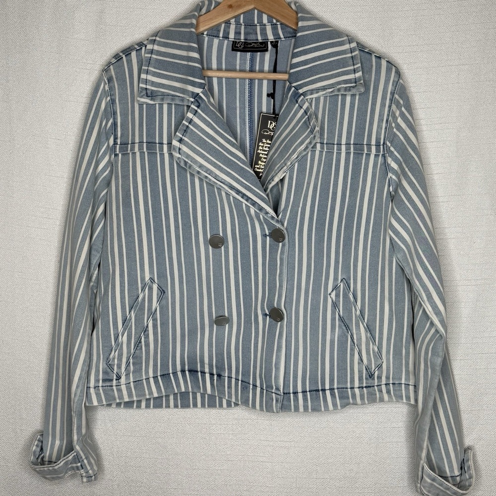 Diane Gilman Striped Denim Double Breasted Jacket Blue White Size Small Preppy